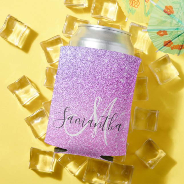Modern Pink Glitter Sparkles Personalized Name Can Cooler (In Situ Summer)