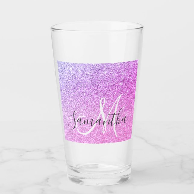 Modern Pink Glitter Sparkles Personalized Name Glass (Front)