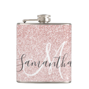 Modern Pink Glitter Sparkles Personalized Name Hip Flask