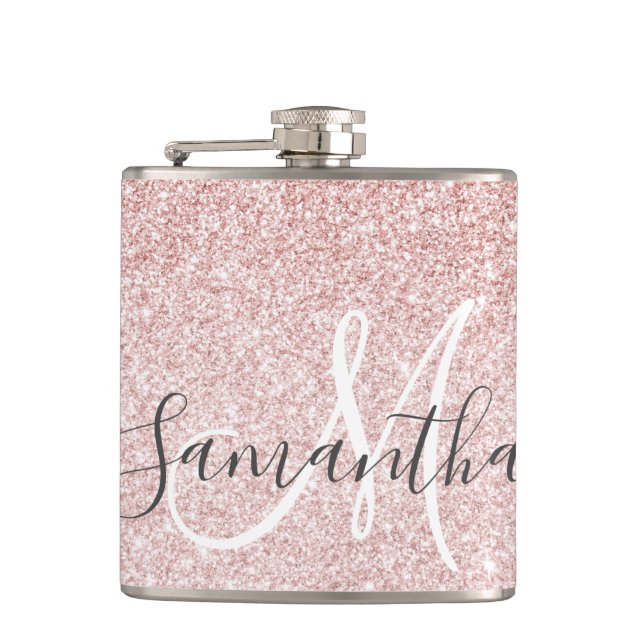 Modern Pink Glitter Sparkles Personalized Name Hip Flask (Front)