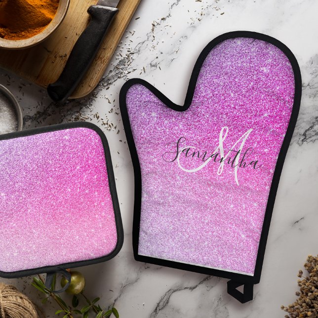 Modern Pink Glitter Sparkles Personalized Name Oven Mitt & Pot Holder Set (Creator Uploaded)