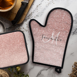 Modern Pink Glitter Sparkles Personalized Name Oven Mitt & Pot Holder Set