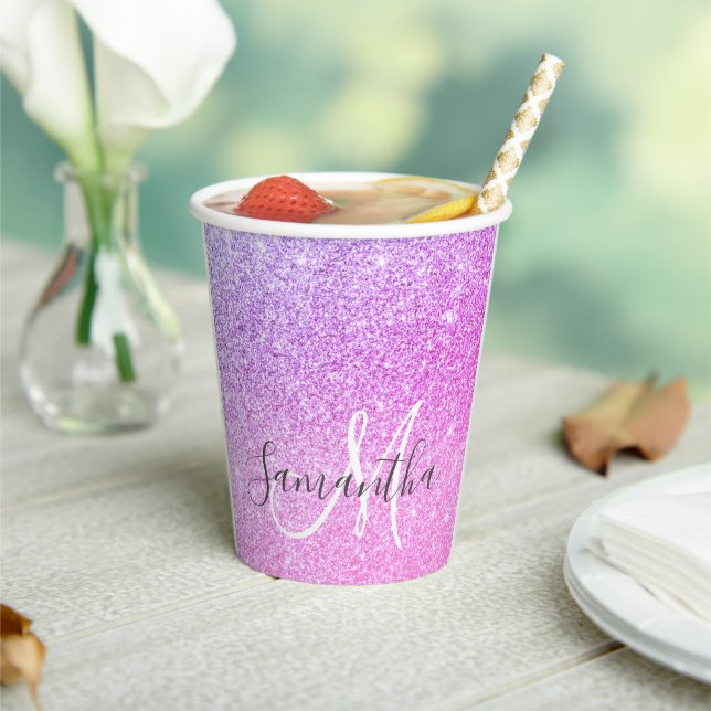 Modern Pink Glitter Sparkles Personalized Name Paper Cups (Insitu)