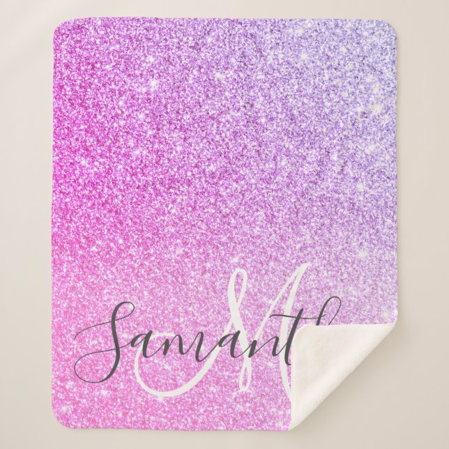 Modern Pink Glitter Sparkles Personalized Name Sherpa Blanket (Front)