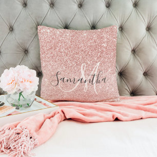 Modern Pink Glitter Sparkles Personalized Name Throw Pillow