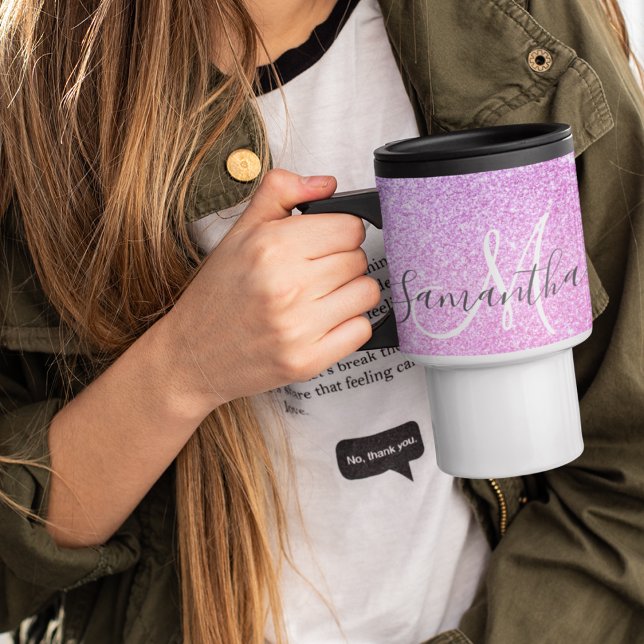 Modern Pink Glitter Sparkles Personalized Name Travel Mug (Creator Uploaded)