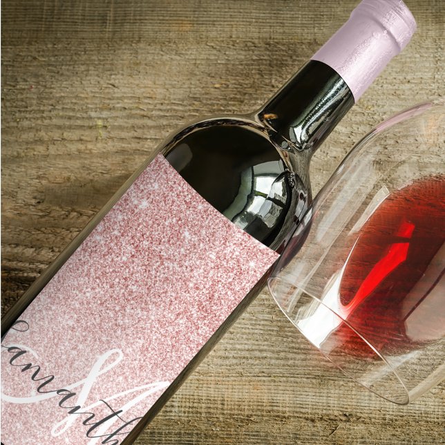 Modern Pink Glitter Sparkles Personalized Name Wine Label (Creator Uploaded)