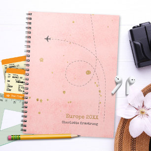 Modern Pink Gold Airplane Name Travel Diary Notebook