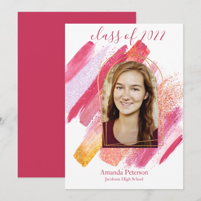 Modern Pink & Gold Arched Graduation Announcement (Front/Back)
