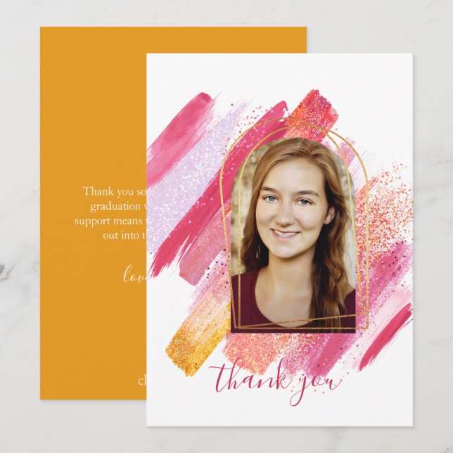 Modern Pink & Gold Arched Graduation Thank You Car Invitation (Front/Back)