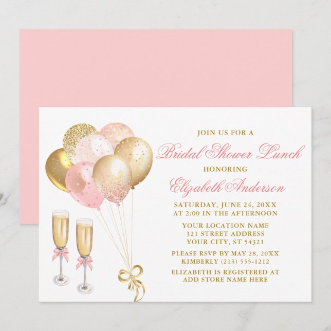 Modern Pink Gold Balloons Bridal Shower Lunch Invitation (Front/Back)