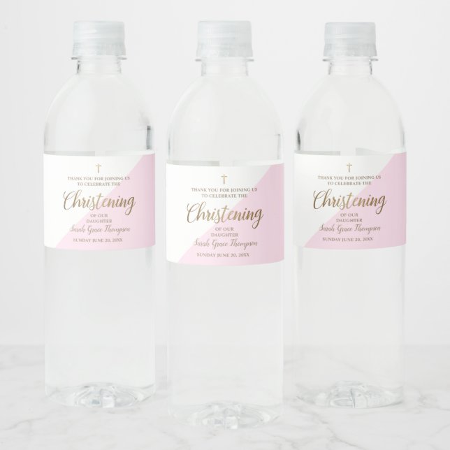 Modern Pink Gold Christening Script Thank You Water Bottle Label (Bottles)