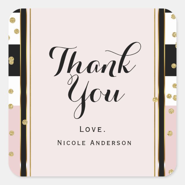 Modern Pink & Gold Confetti Black White Stripe Square Sticker (Front)