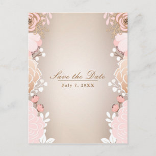 Modern Pink & Gold Floral Botanical Save the Date Announcement Postcard
