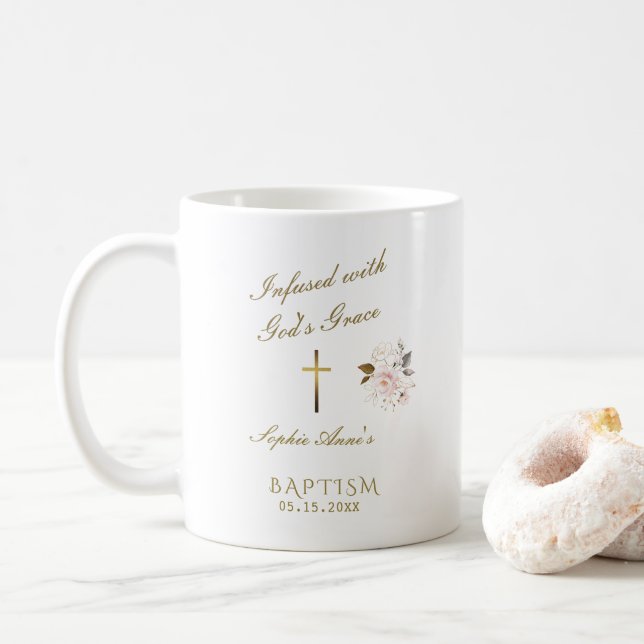 Modern Pink Gold Floral Calligraphy Girl Baptism Coffee Mug (With Donut)