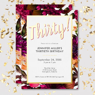 Modern Pink & Gold Foil Floral 30th Birthday