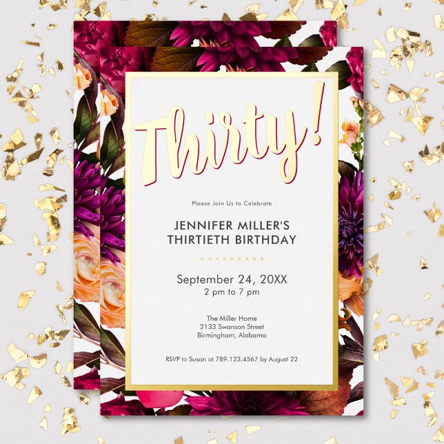 Modern Pink & Gold Foil Floral 30th Birthday (Modern Pink & Gold Foil Floral 30th Birthday Foil Invitation)