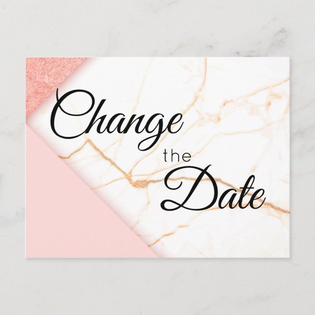 Modern Pink Gold Glitter Marble Change the Date Postcard (Front)