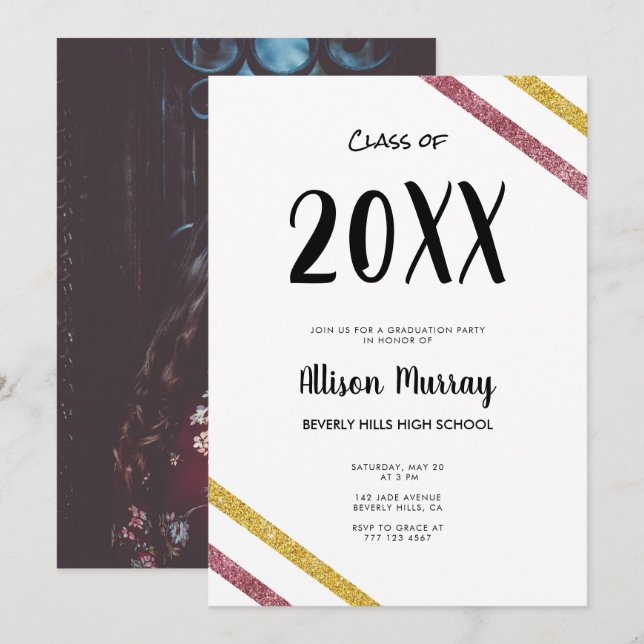 Modern Pink & Gold Glitter Script Photo Graduation Invitation (Front/Back)