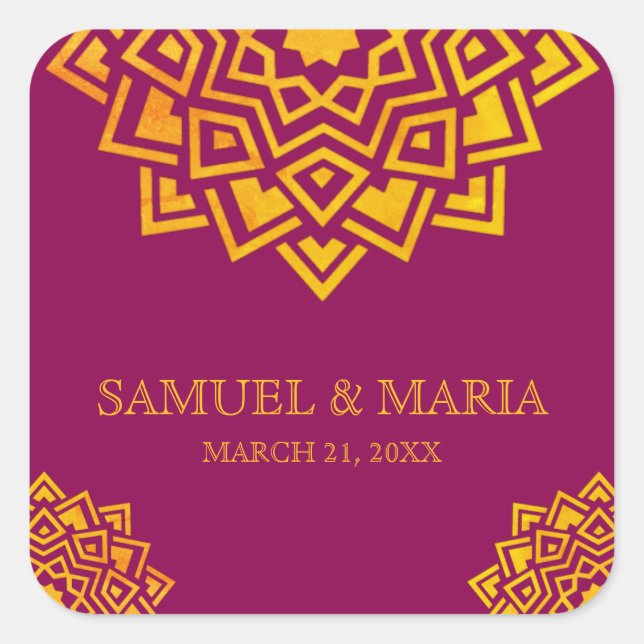 Modern Pink Gold Mandala Indian Wedding Favour Square Sticker (Front)