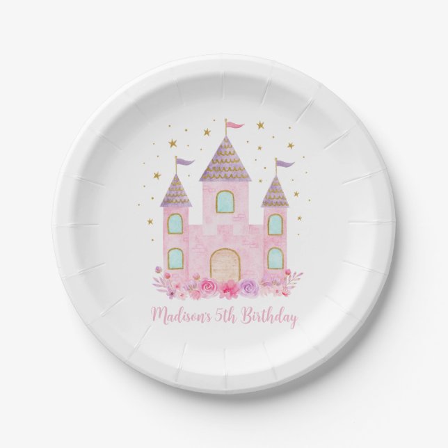 Modern Pink Gold Princess Castle Birthday Paper Plate (Front)
