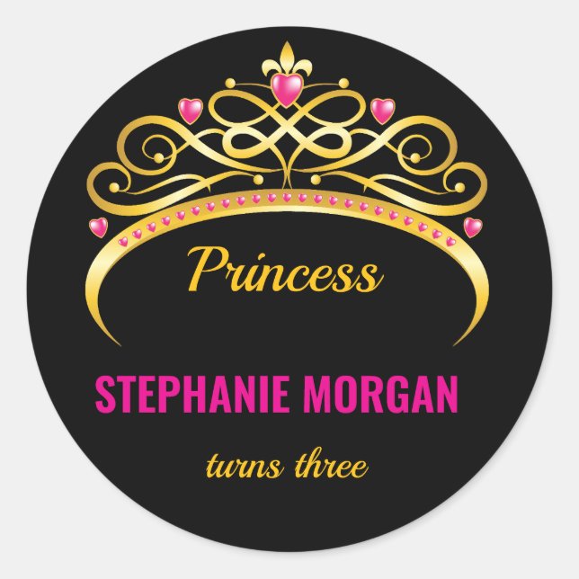 Modern Pink Gold Princess Crown Birthday Party Classic Round Sticker (Front)