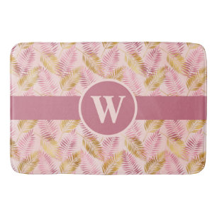 Modern Pink Gold Tropical Botanical Palm Leaf Bath Mat