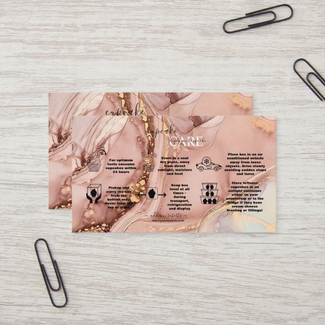 Modern Pink Gold Watercolor Cupcake Care Business Card (Front/Back In Situ)