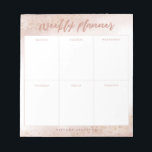 Modern Pink Gold Watercolor Weekly Planner Notepad<br><div class="desc">Elegant and modern weekly planner. There are 6 boxes on the notepad to write down your schedule and plan for each day of the week. The background is in a pretty pink watercolor ombre with faux gold glitter. Customize this product by adding your name at the bottom.</div>