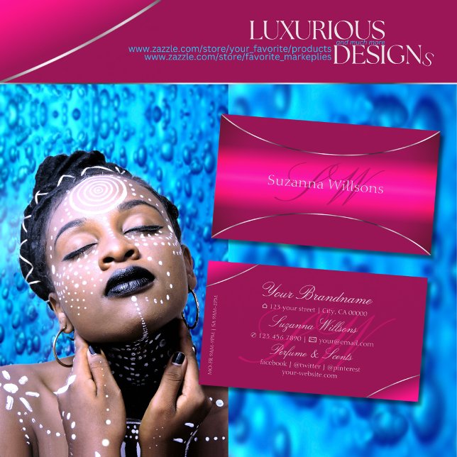 Modern Pink Gradient Silver Border with Monogram Business Card (Creator Uploaded)