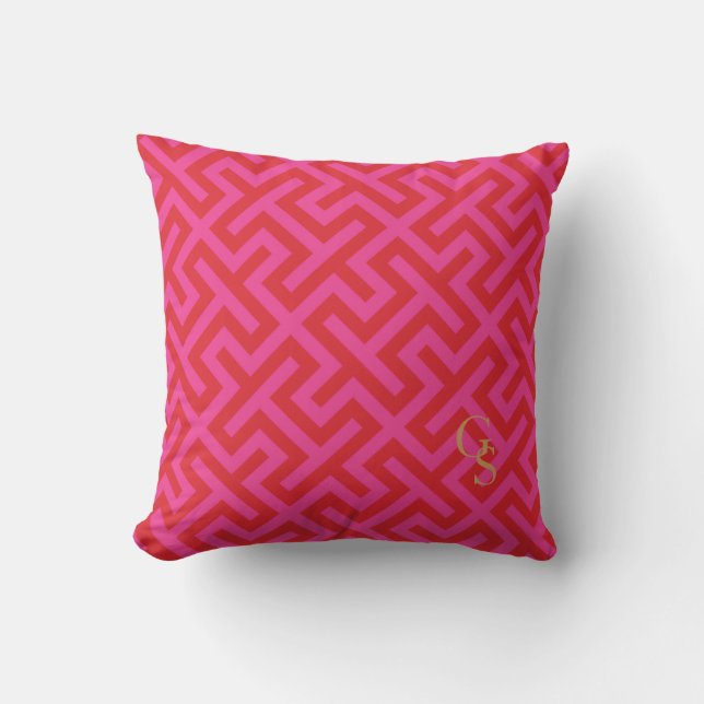 Modern pink greek key geometric patterns monogram throw pillow (Front)