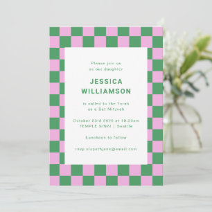 Modern Pink Green Bat Mitzvah Party Chequerboard Invitation