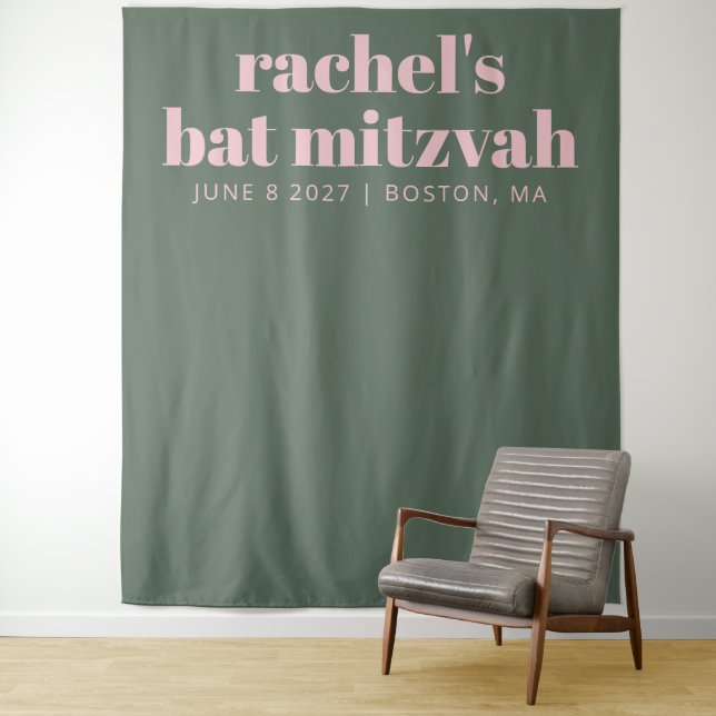 Modern Pink Green Bat Mitzvah Photo Backdrop  Tapestry (In Situ)
