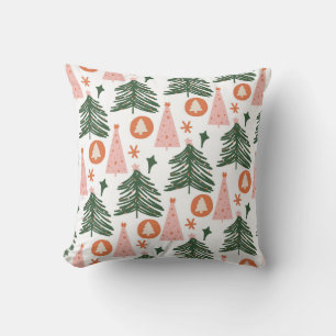 Modern Pink Green Christmas Tree Pattern Holiday Throw Pillow