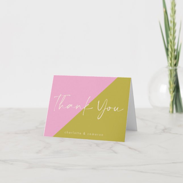 Modern Pink Green Colour Block Personalized Thank You Card (Front)