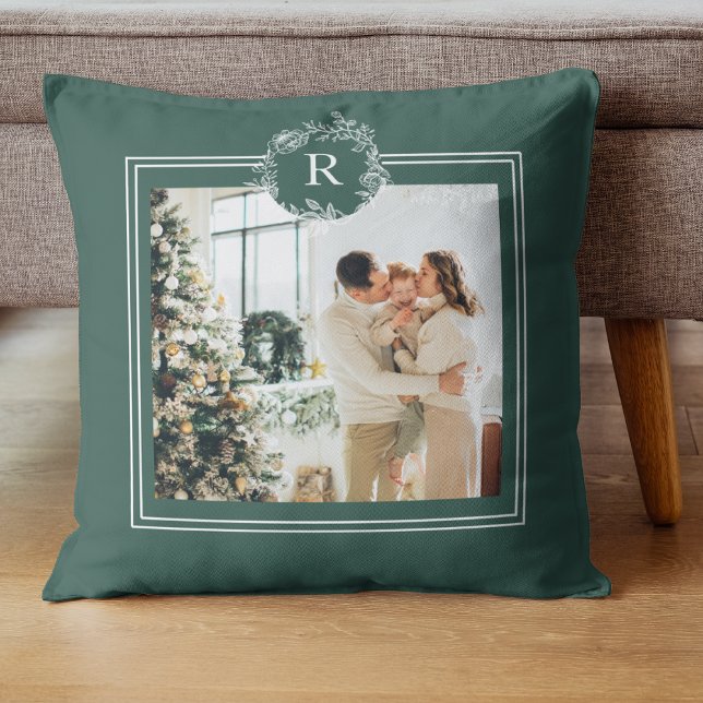 Modern Pink & Green | Family Photo | Initial Throw Pillow (Creator Uploaded)