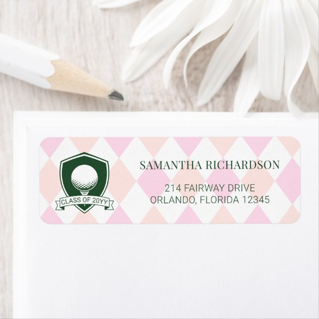 Modern Pink Green Golf Graduation Return Address (Insitu)