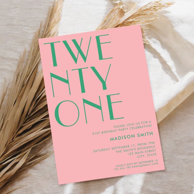 Modern Pink Green Minimalist Chic 21st Birthday Invitation (Creator Uploaded)