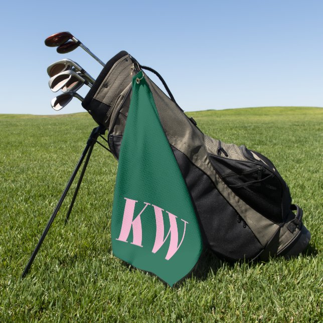 Modern Pink Green Monogram Initials Personalized Golf Towel (Green)