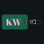 Modern Pink Green Monogram Initials Personalized Luggage Tag<br><div class="desc">This luggage tag features your initials and contact information in pink on a green background.</div>