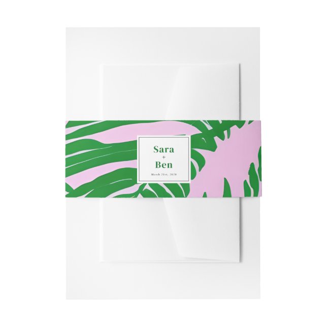 Modern Pink + Green Palm Tree Wedding Invitation Belly Band (Front Example)