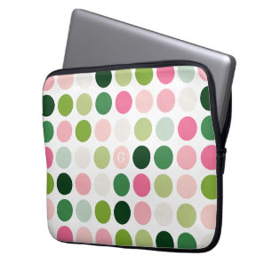 Modern pink green polka dots pattern monogram laptop sleeve