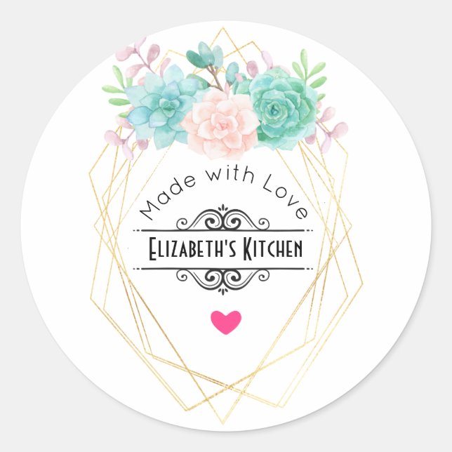 Modern Pink & Green Watercolor Succulents Kitchen Classic Round Sticker (Front)