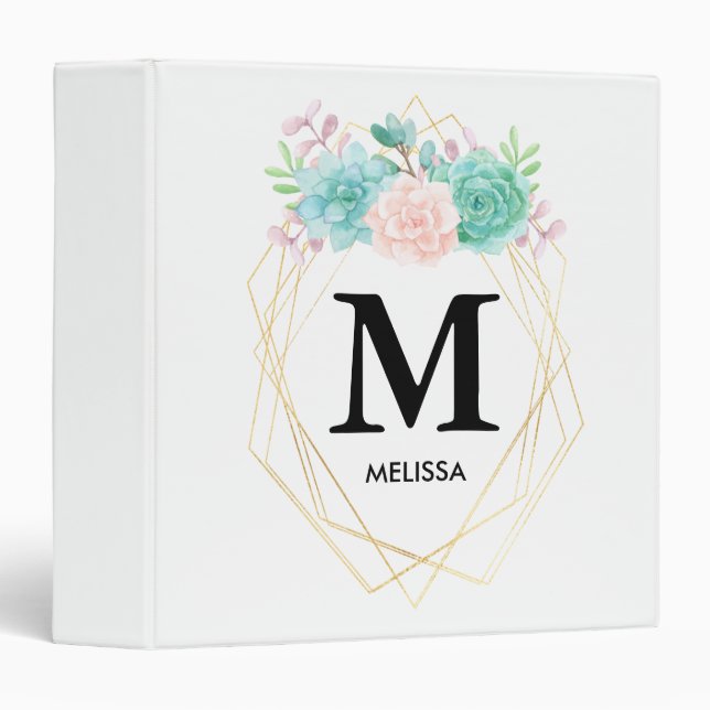Modern Pink & Green Watercolor Succulents Monogram Binder (Front/Spine)