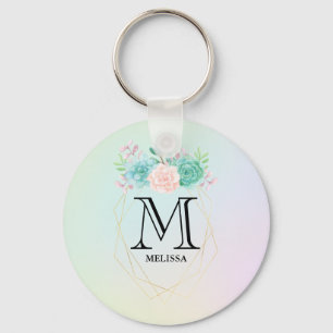 Modern Pink & Green Watercolor Succulents Monogram Keychain