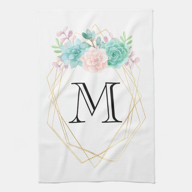 Modern Pink & Green Watercolor Succulents Monogram Kitchen Towel (Vertical)