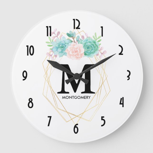 Modern Pink & Green Watercolor Succulents Monogram Large Clock (Front)