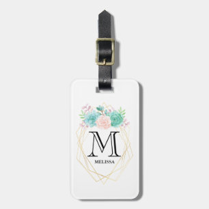 Modern Pink & Green Watercolor Succulents Monogram Luggage Tag