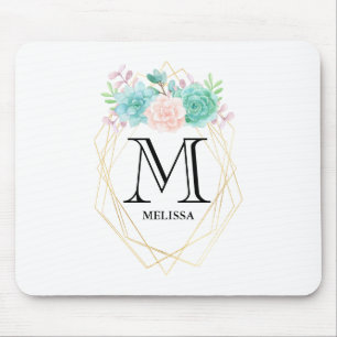 Modern Pink & Green Watercolor Succulents Monogram Mouse Pad