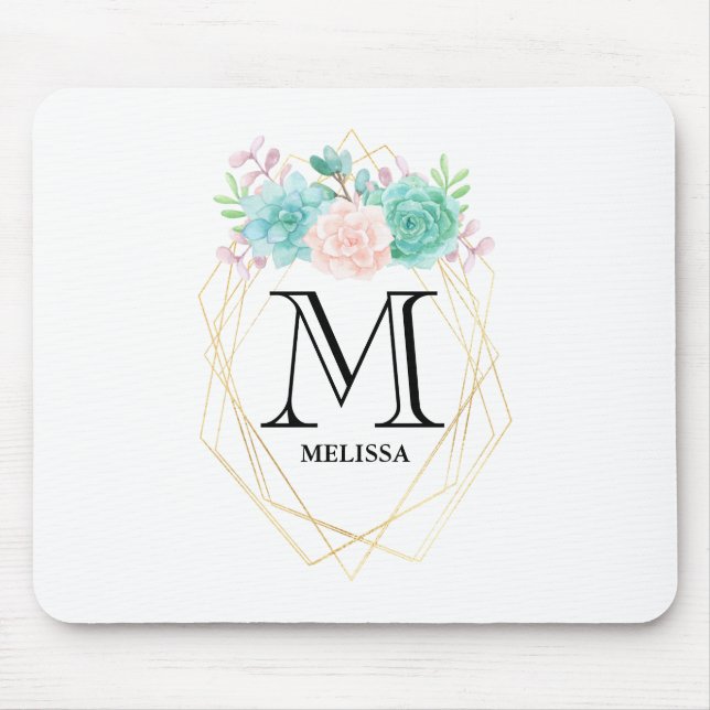 Modern Pink & Green Watercolor Succulents Monogram Mouse Pad (Front)